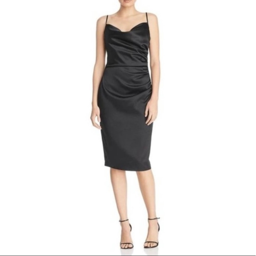 NWT LAUNDRY Black Satin Drape Neck Midi Dress 14